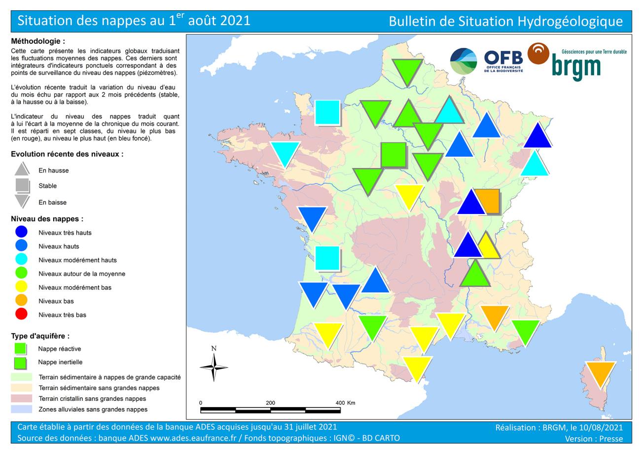 Map of water table levels in France on 1 August 2021