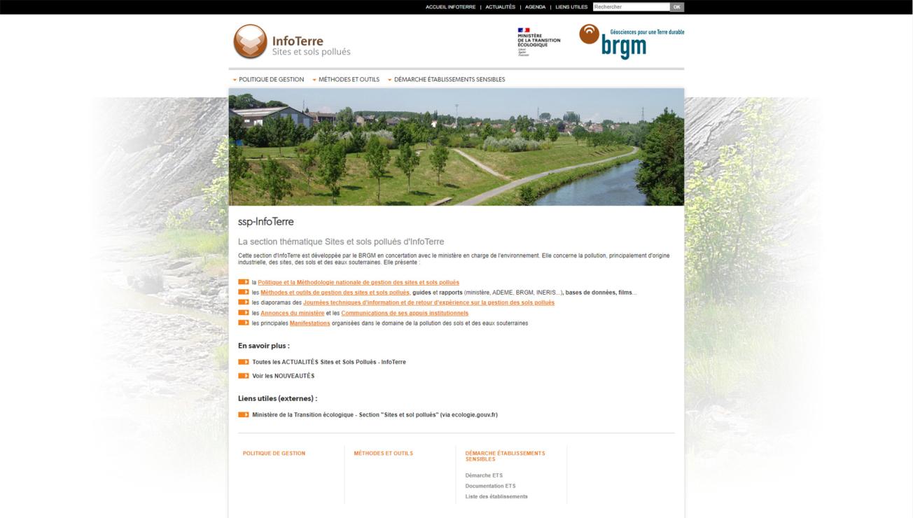 Page d’accueil du site InfoTerre Sites et sols pollués