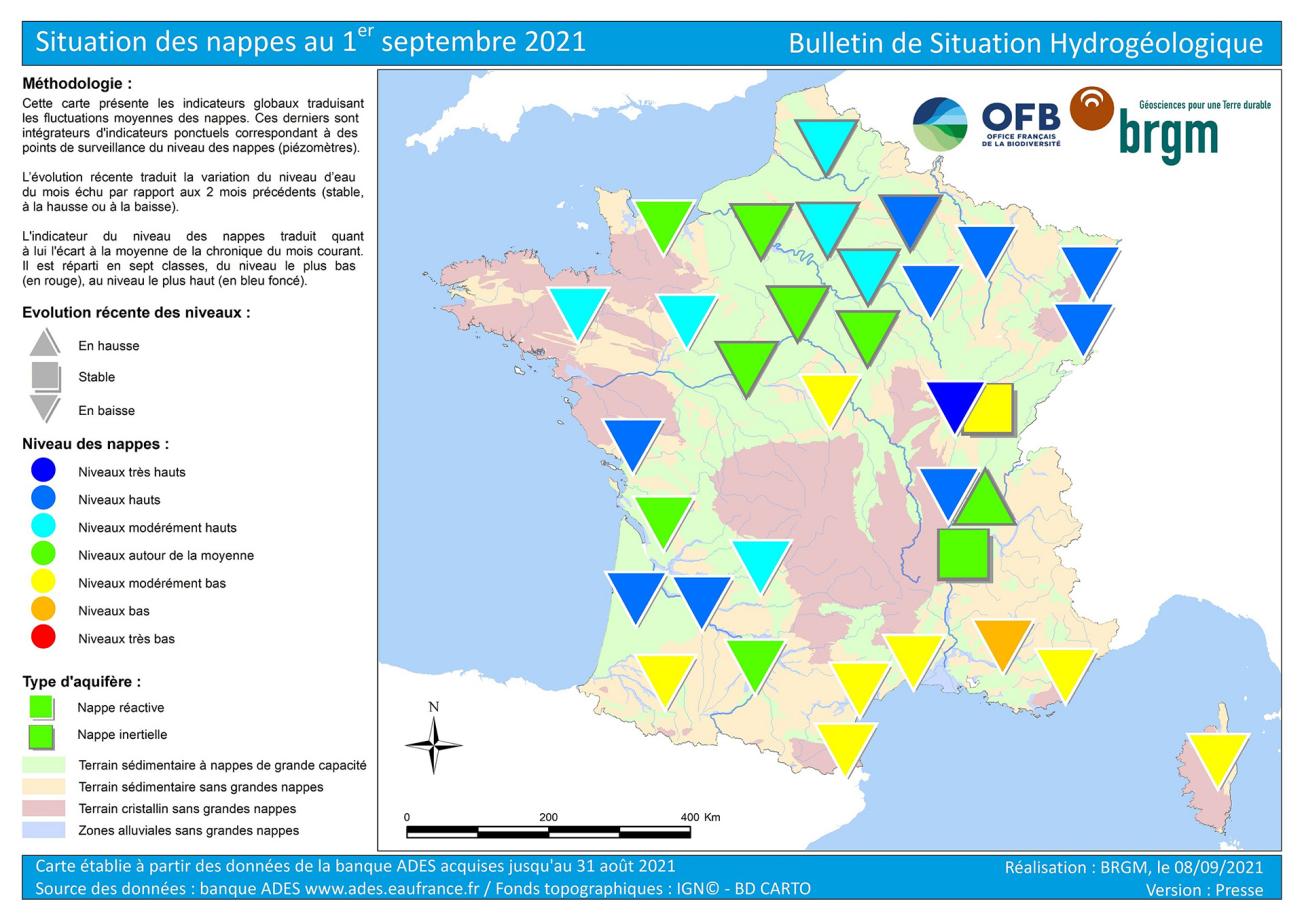 Carte de France de la situation des nappes au 1er septembre 2021