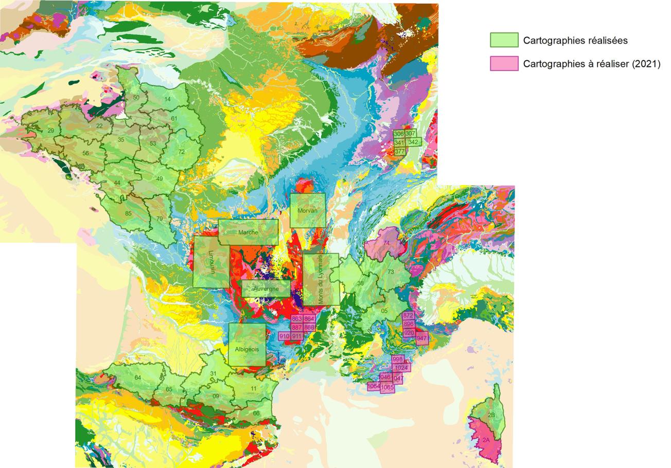Carte nationale des zones cartographiées et des zones en cours de cartographie de la susceptibilité de présence d’amiante naturel dans l’environnement.