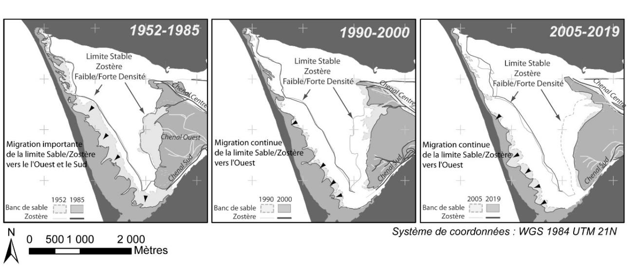 Summary of the internal channels and the flood-tidal delta of the Grand Barachois Lagoon, between 1952 and 2019, over different periods.