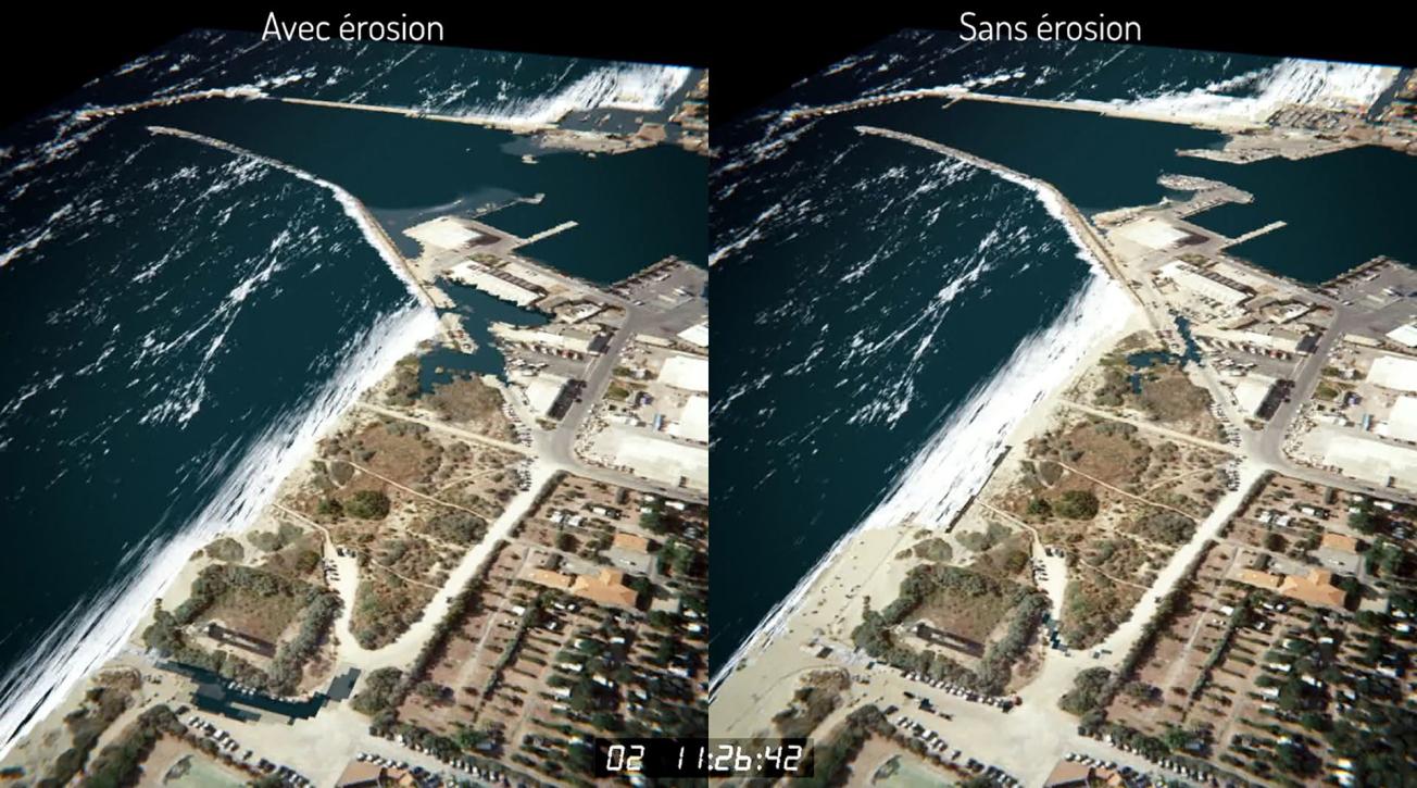 Simulateur montrant l’accentuation par l’érosion côtière (figure de gauche) des zones submergées (Canet-en-Roussillon). 