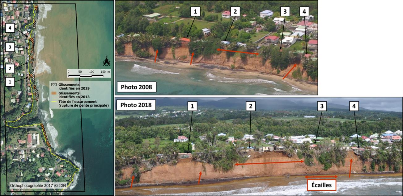 Evidence of landslides and mapping of ground movements along the cliff in the Carangaise-Poirier district (Guadeloupe). 