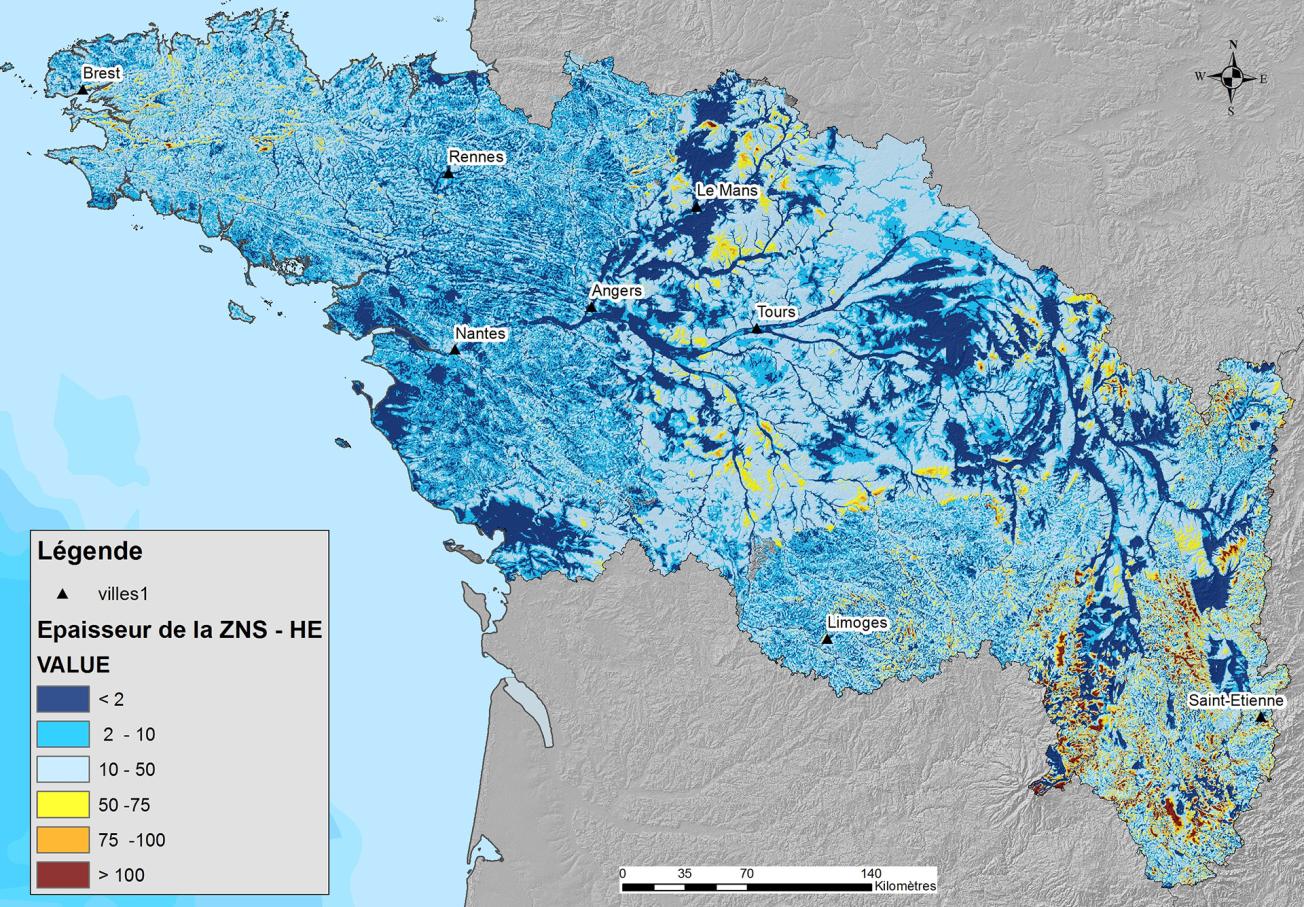 Grille finale de l’épaisseur de la zone non saturée en période de hautes eaux (HE) au pas de 250 m (Bassin Loire-Bretagne, 2019). 
