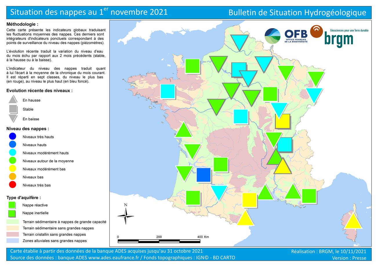 Carte de France de la situation des nappes au 1er novembre 2021