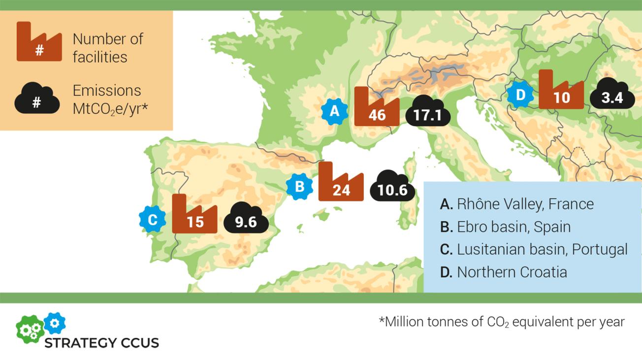Four regions studied in more detail, with the number of industrial sites and CO2 emissions for each one.