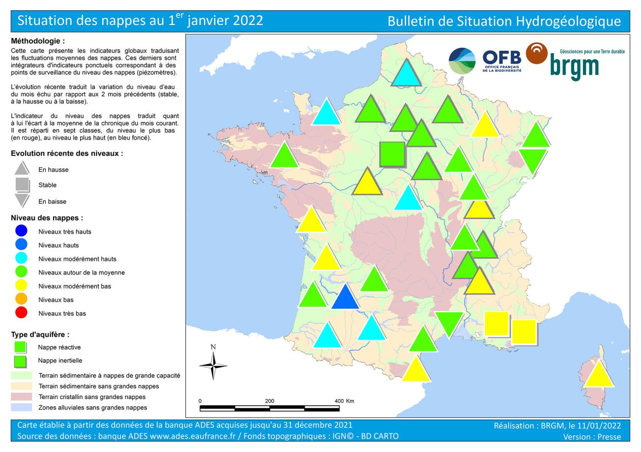 Carte de France de la situation des nappes au 1er janvier 2022.
