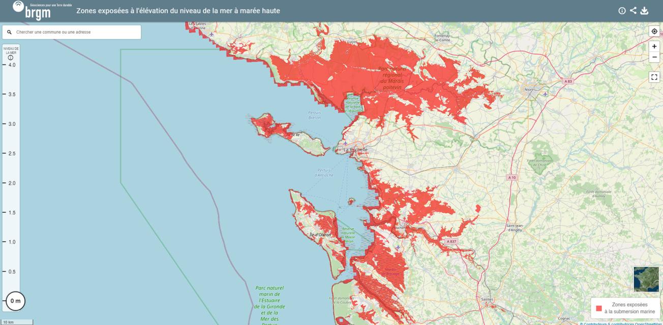 Cartographie interactive des zones basses exposées à l’élévation du niveau de la mer mise en ligne par le BRGM.