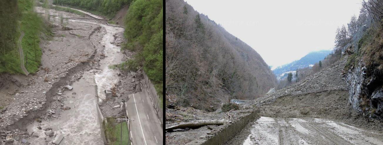 Gorges de l’Arly, secteur Panissats-Moulin Ravier lors d’une crue torrentielle en mai 2015 associée à des réactivations de glissement de versant et secteur de Montgombert en 2018 (dommages directs et indirects en aval des Gorges).