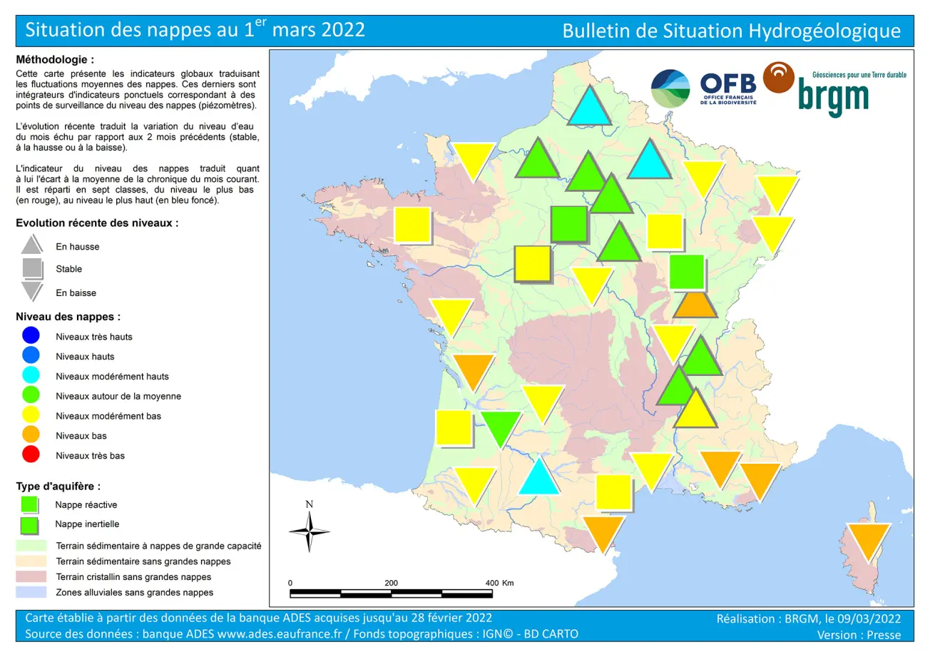 Carte de France de la situation des nappes au 1er mars 2022.