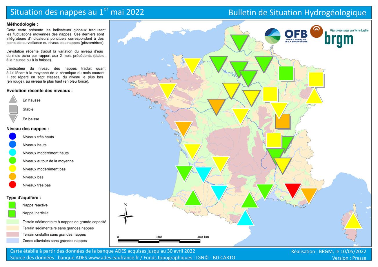 Carte de France de la situation des nappes au 1er mai 2022. 