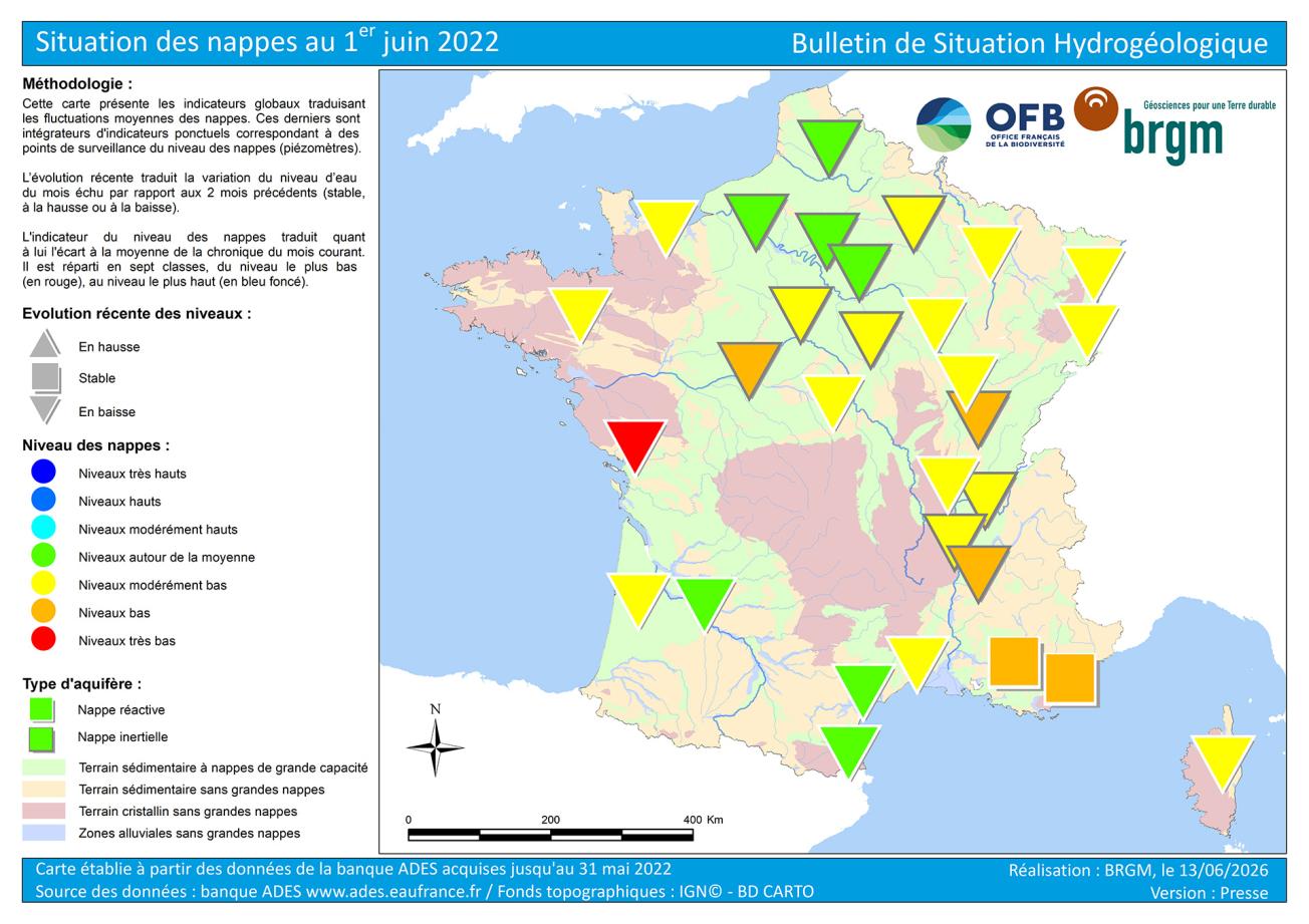 Carte de France de la situation des nappes au 1er juin 2022. 