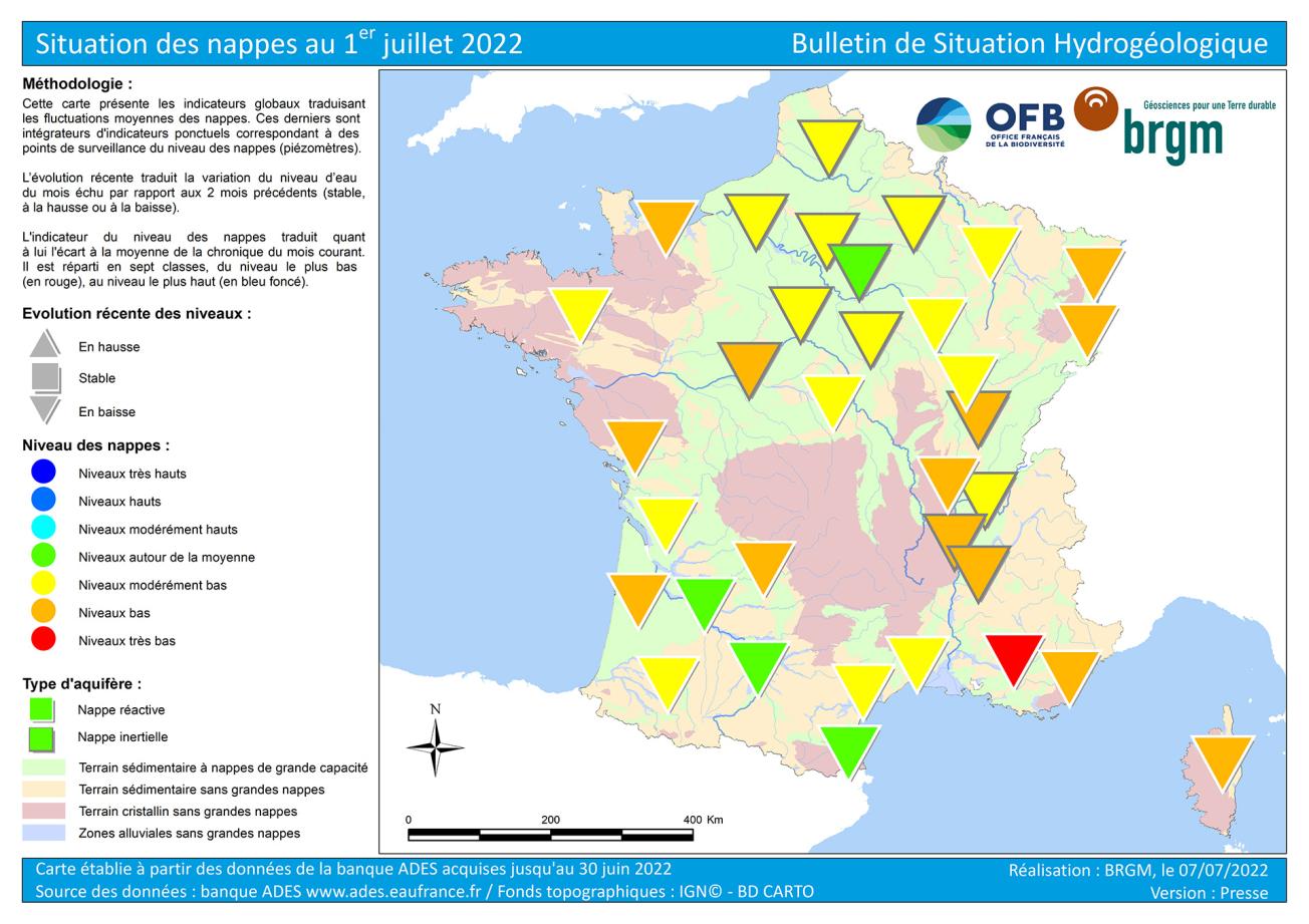 Map of water table levels in France on 1 July 2022.