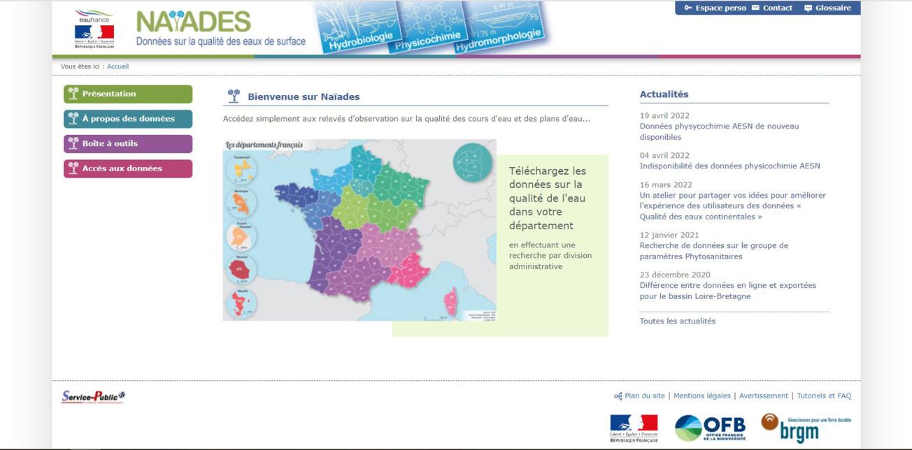 Home page of the Naïades website.