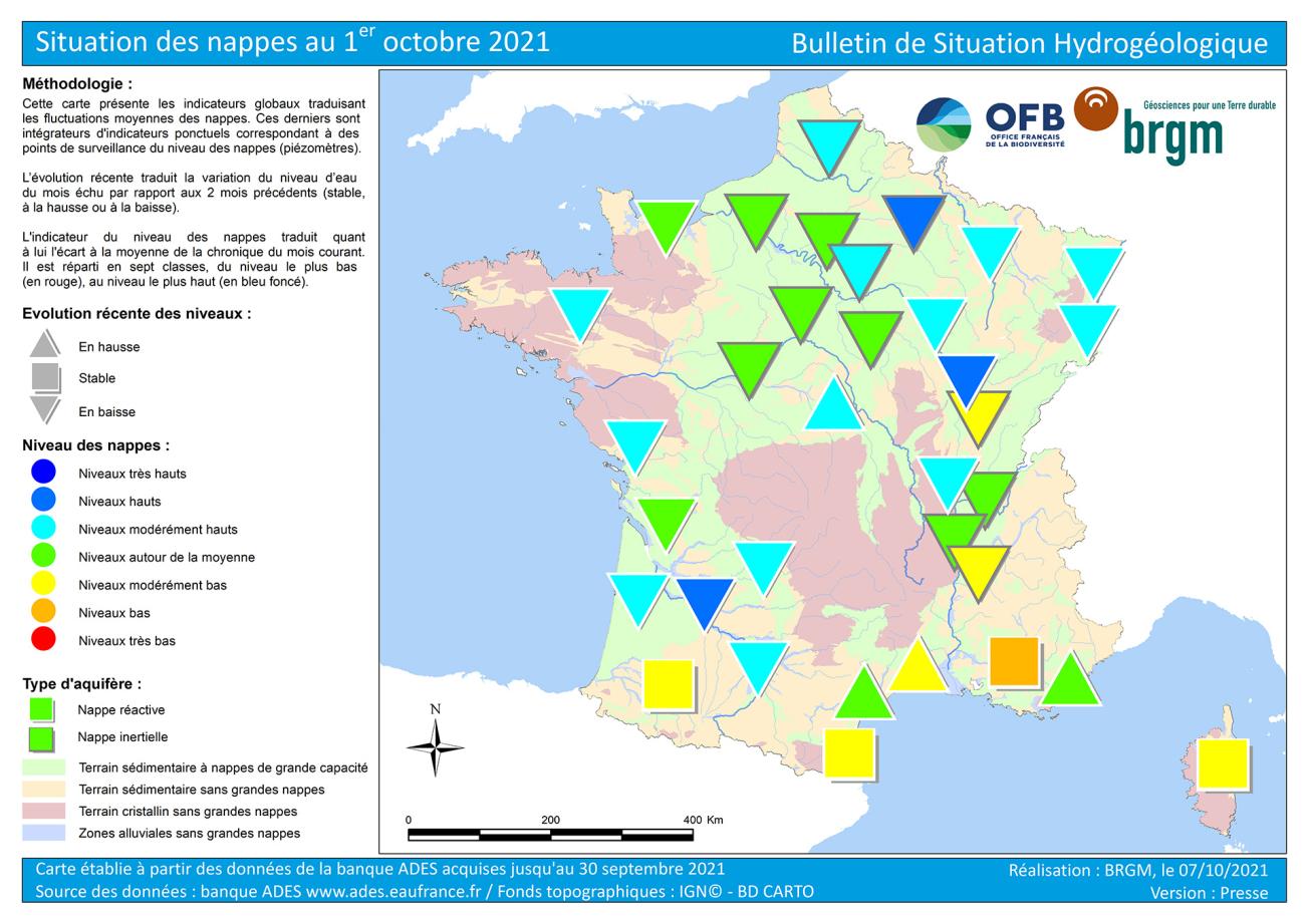 Carte de France de la situation des nappes au 1er octobre 2021