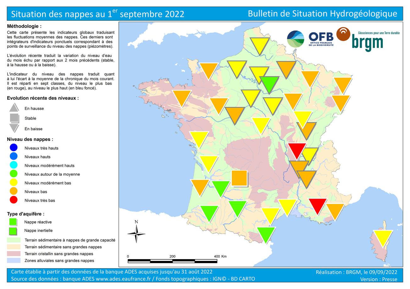 Map of groundwater tables in France on 1 September 2022