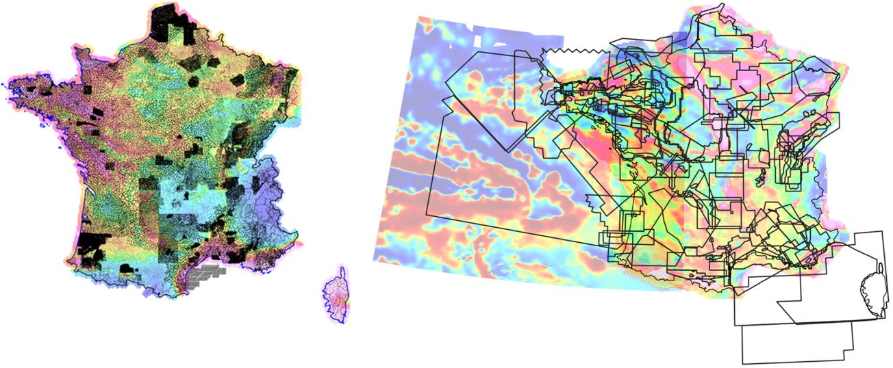 Left: French gravimetric data bank: location of the 430,000 gravimetric stations. Right: Aeromagnetic data base of France: areas covered by the 146 campaigns in mainland France.
