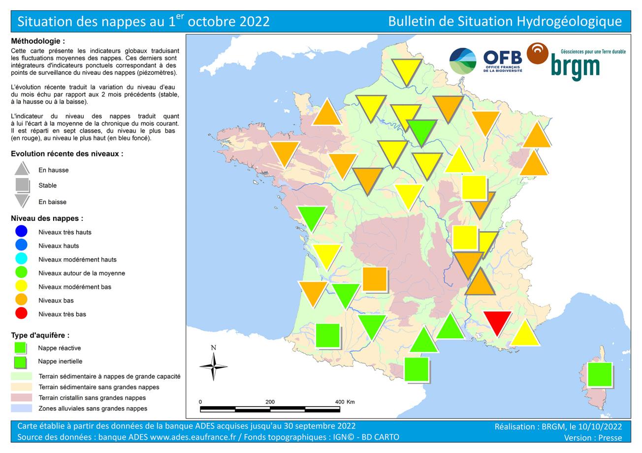 Carte de France de la situation des nappes au 1er octobre 2022.