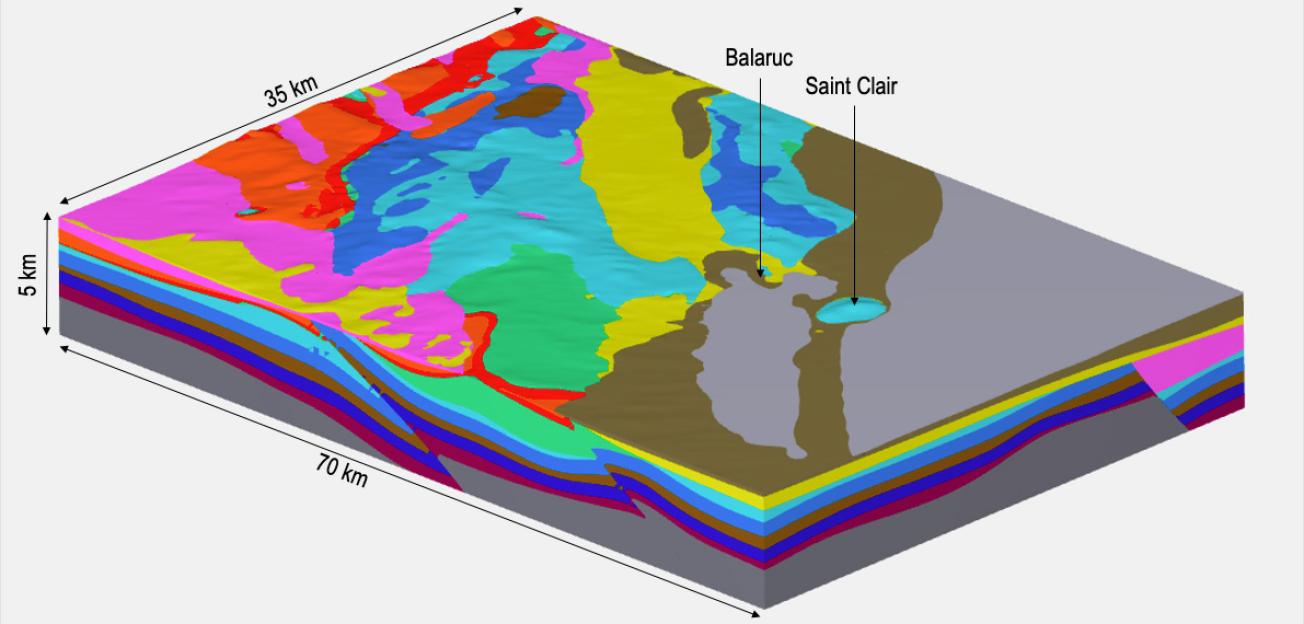 The integration of all the historical geological data with the new data acquired by the project (stratigraphic, lithological and structural) and geophysical data (gravimetry, seismic reflection, passive seismic observations) made it possible to build a 3D geological model of the area covered by the Dem'Eaux Thau project, using the Geomodeller tool.