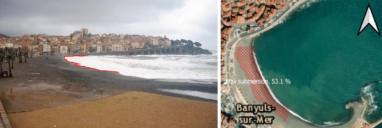 ViewsurfⓇ picture, public webcam in Banyuls, storm Gloria (2021) with indicators of maximum flooding and the submerged area.