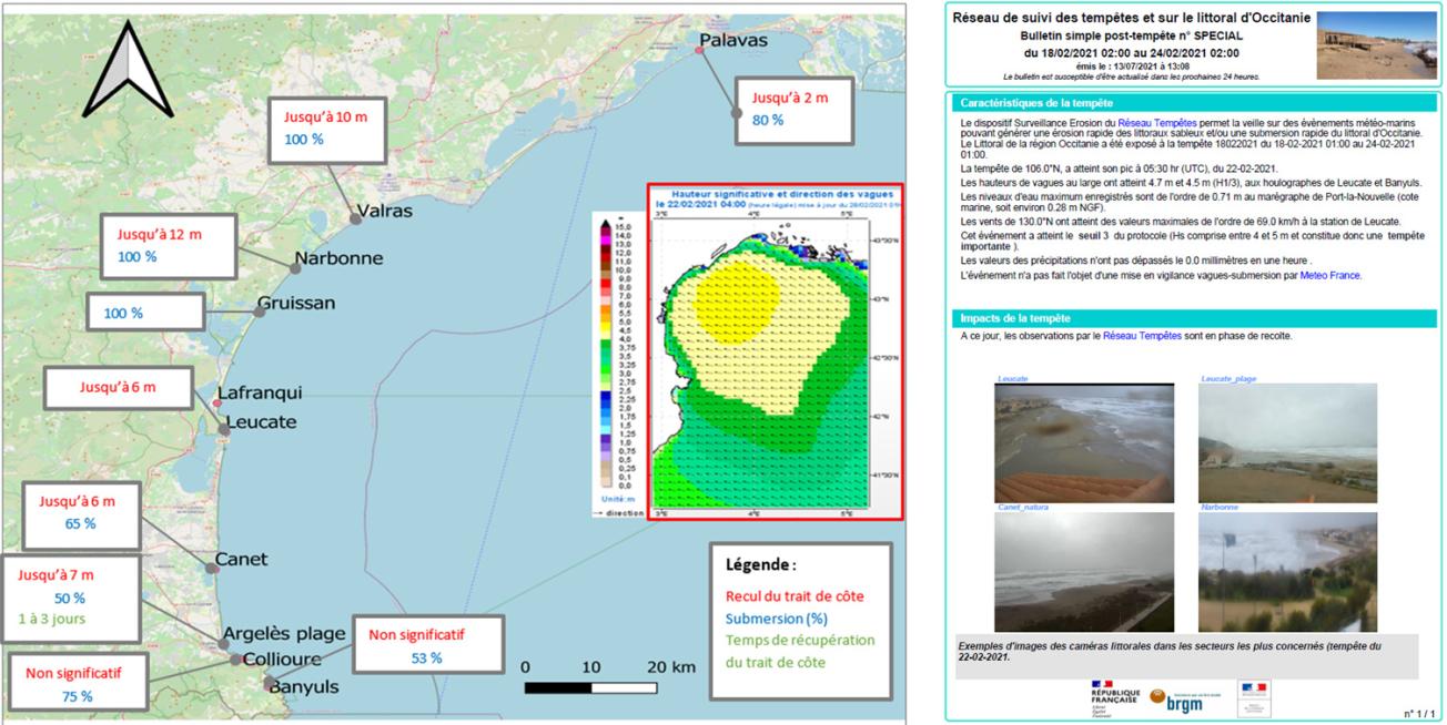 Synthèse des observations d’impacts de la tempête Hortense (l’encadré rouge présente le modèle de vagues WAVEWATCH III du projet MARC (Ifremer), le 22 février 2021 à 4h et bulletin post-tempête « à chaud » incluant les images des caméras publiques.