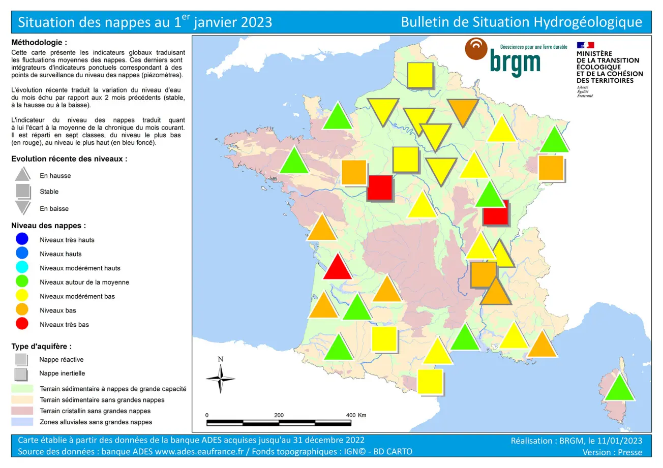 Carte de France de la situation des nappes au 1er janvier 2023.