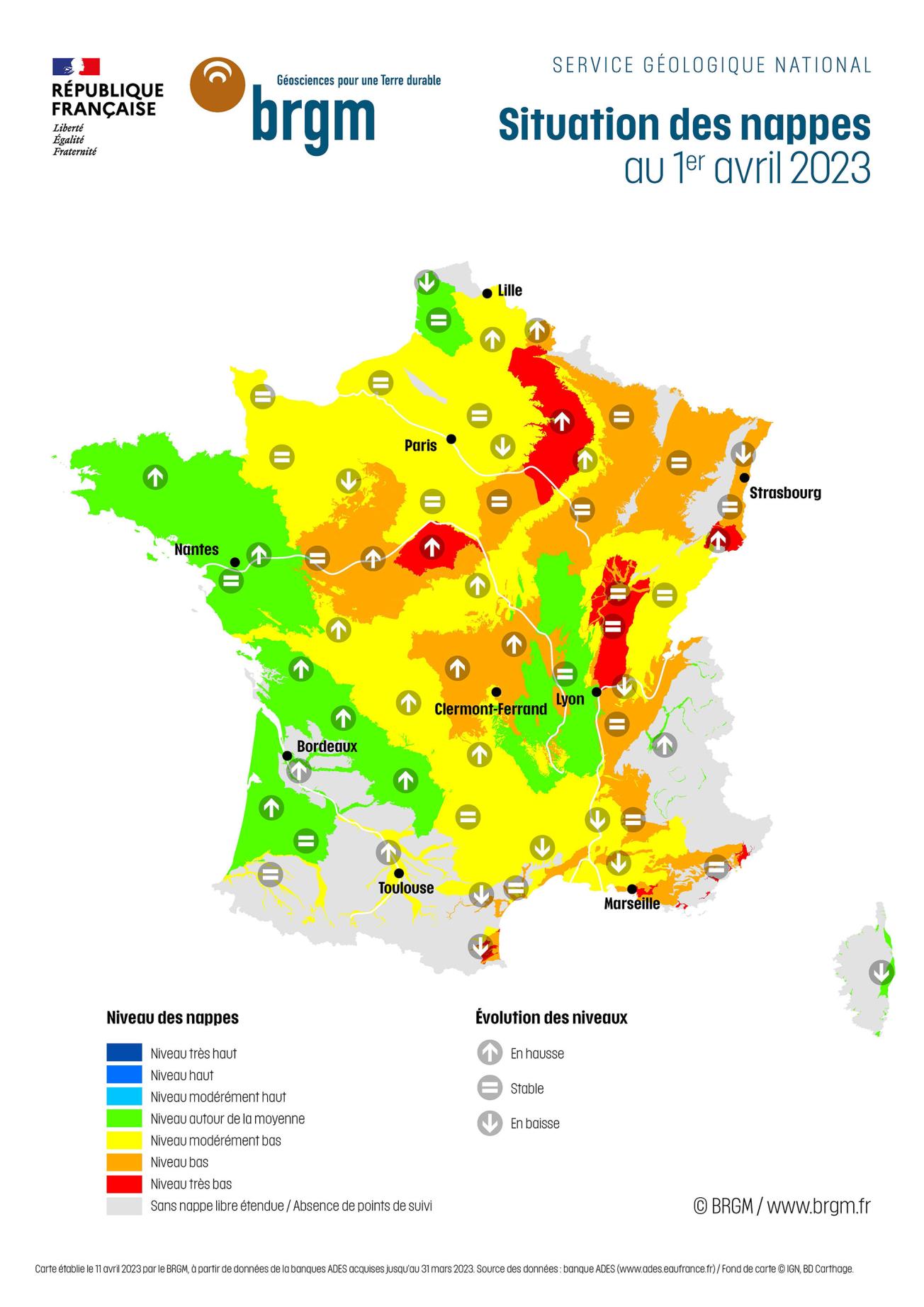 Carte de France de la situation des nappes d'eau souterraine au 1er avril 2023.