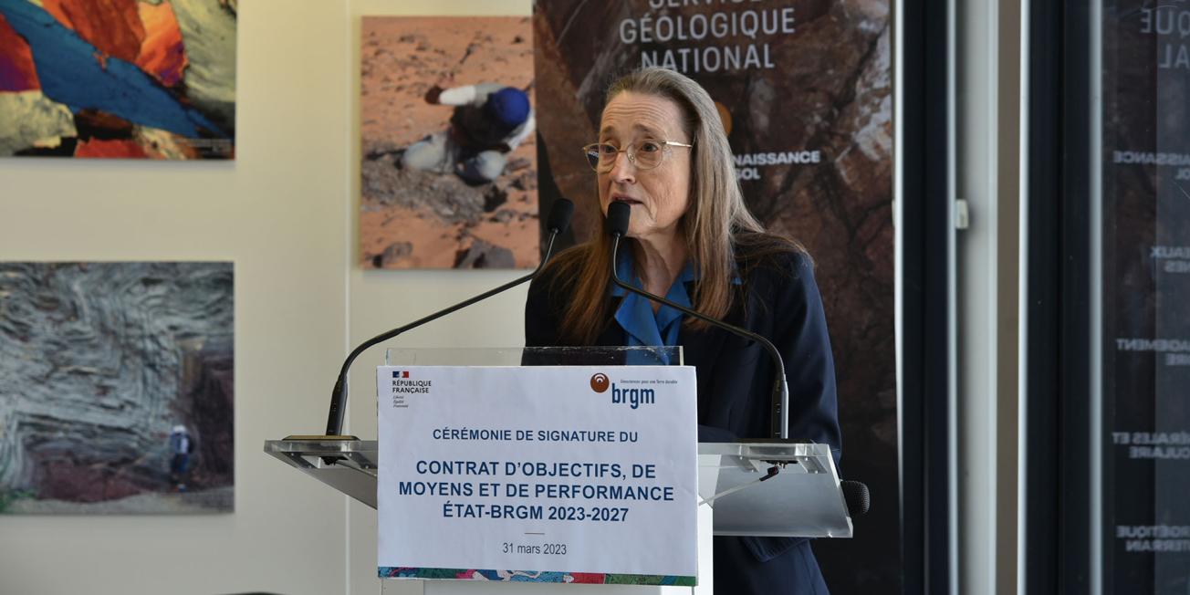Michèle Rousseau (former Chair and Managing Director of BRGM) during the signing of the State-BRGM objectives, resources and performance contract, in Paris on 31 March 2023.