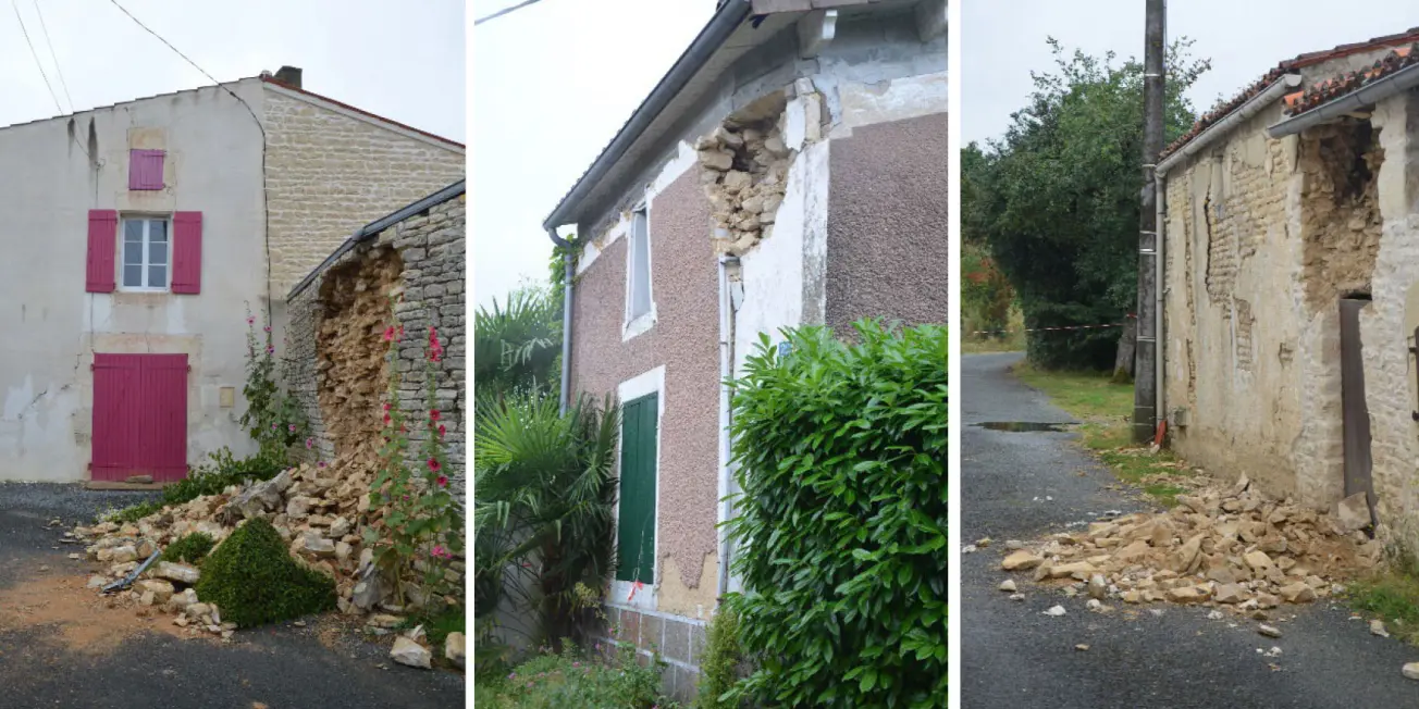 Dommages observés sur la commune de La Laigne. Gauche : Chute d’une partie du mur sans effondrement du toit. Centre : Défaillance d’angle en haut du mur en maçonnerie en pierres. Droite : défaillance de la partie supérieure du mur.