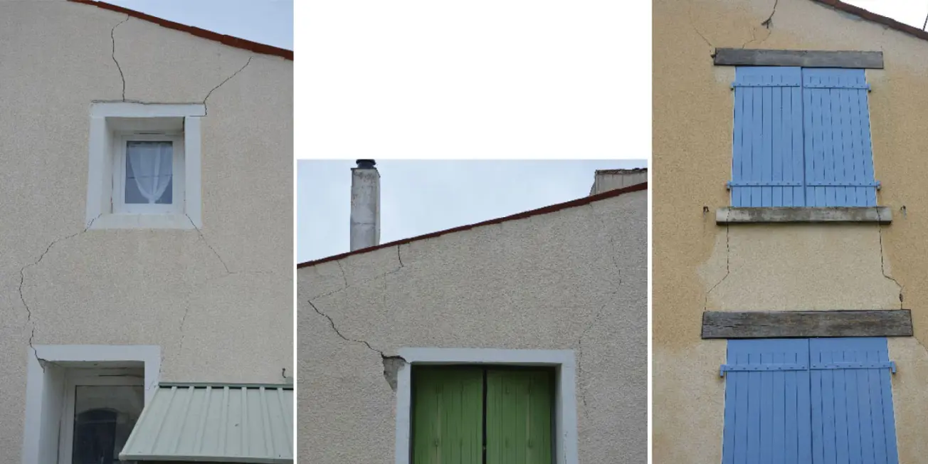 Dommages observés sur la commune de La Laigne : fissurations dans la maçonnerie enclenchées par des concentrations de contraintes aux angles dans des maisons individuelles en maçonnerie.