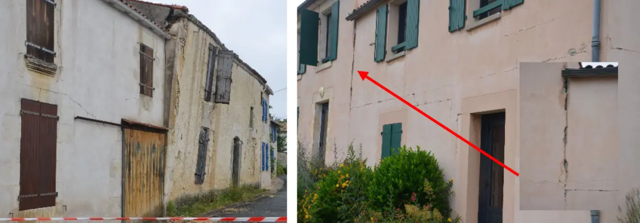 Dommages observés sur la commune de La Laigne, dus à la discontinuité sur les caractéristiques structurelles et/ou à l’interaction entre bâtiments.