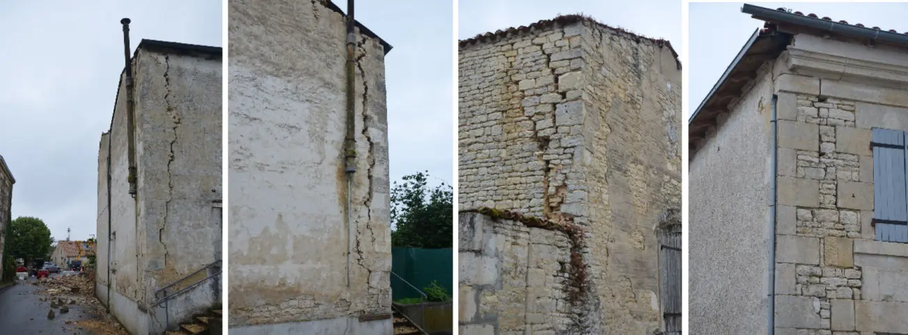 Dommages observés sur la commune de Cram-Chaban, liés à la désolidarisation de l’angle de murs en maçonnerie, par absence ou mauvaise connexion aux murs orthogonaux.