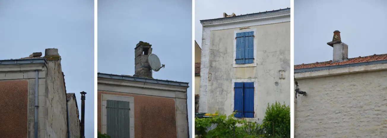 Dommages aux éléments de toitures et aux cheminées observés sur la commune de Cram-Chaban et La Laigne.