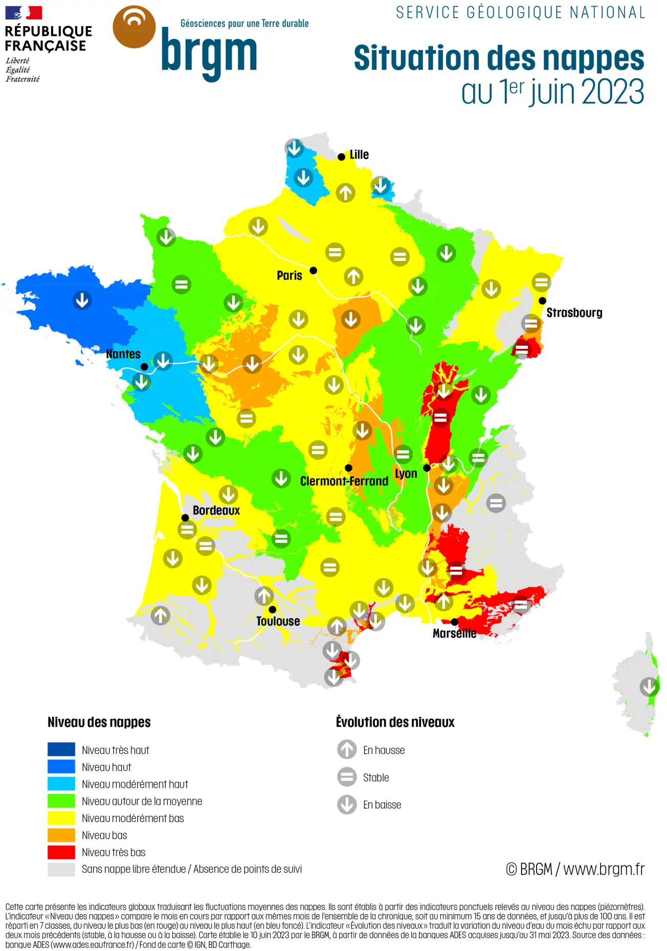 Carte de France de la situation des nappes d'eau souterraine au 1er juin 2023.