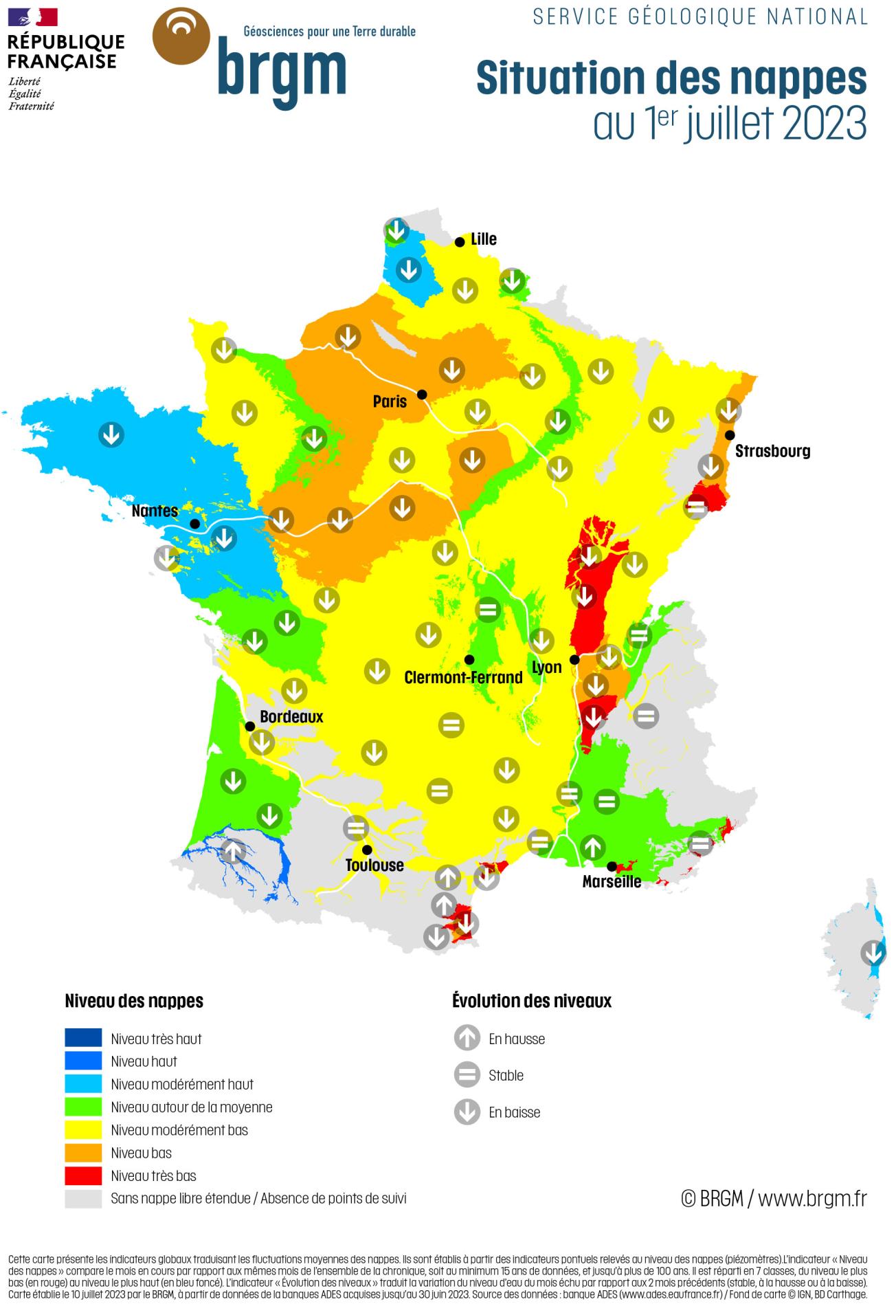 Map of groundwater levels in France on 1 July 2023.