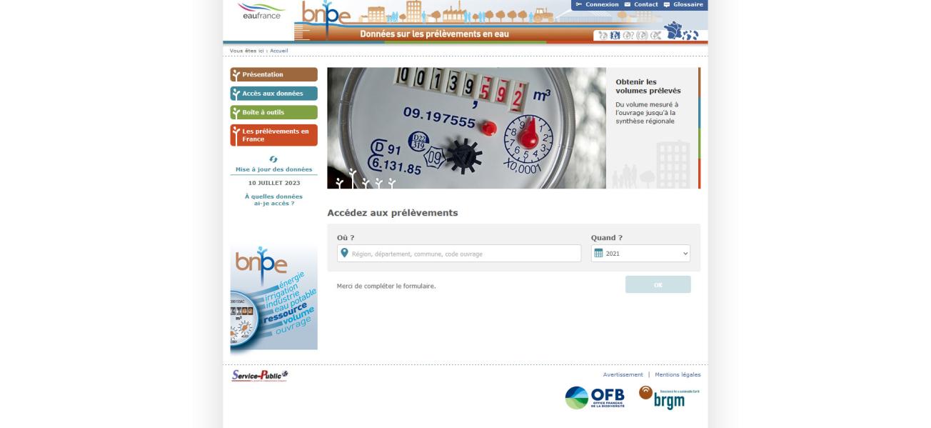 Page d'accueil du site BNPE - Banque nationale des prélèvements quantitatifs en eau.