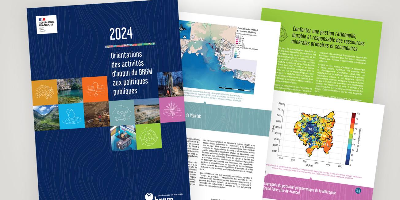 Cover and extracts from BRGM's 2024 public policy support activities orientation document.