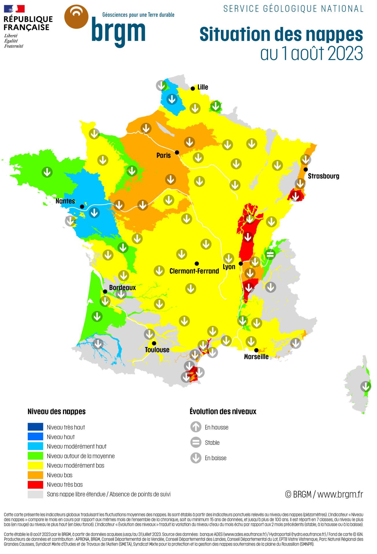 Carte de France hexagonale de la situation des nappes d'eau souterraine au 1er août 2023.