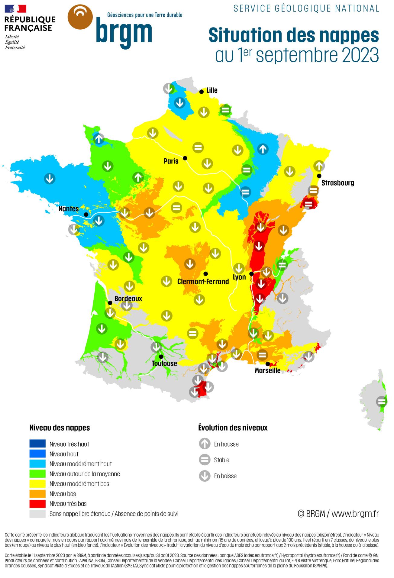Carte de France hexagonale de la situation des nappes d'eau souterraine au 1er septembre 2023.