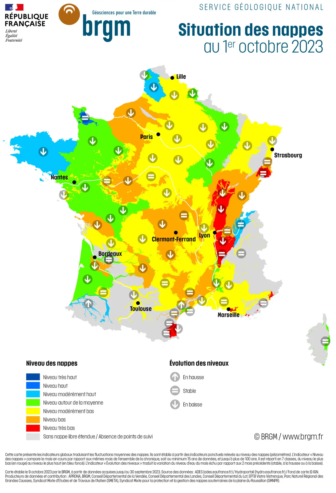 Carte de France hexagonale de la situation des nappes d'eau souterraine au 1er octobre 2023.
