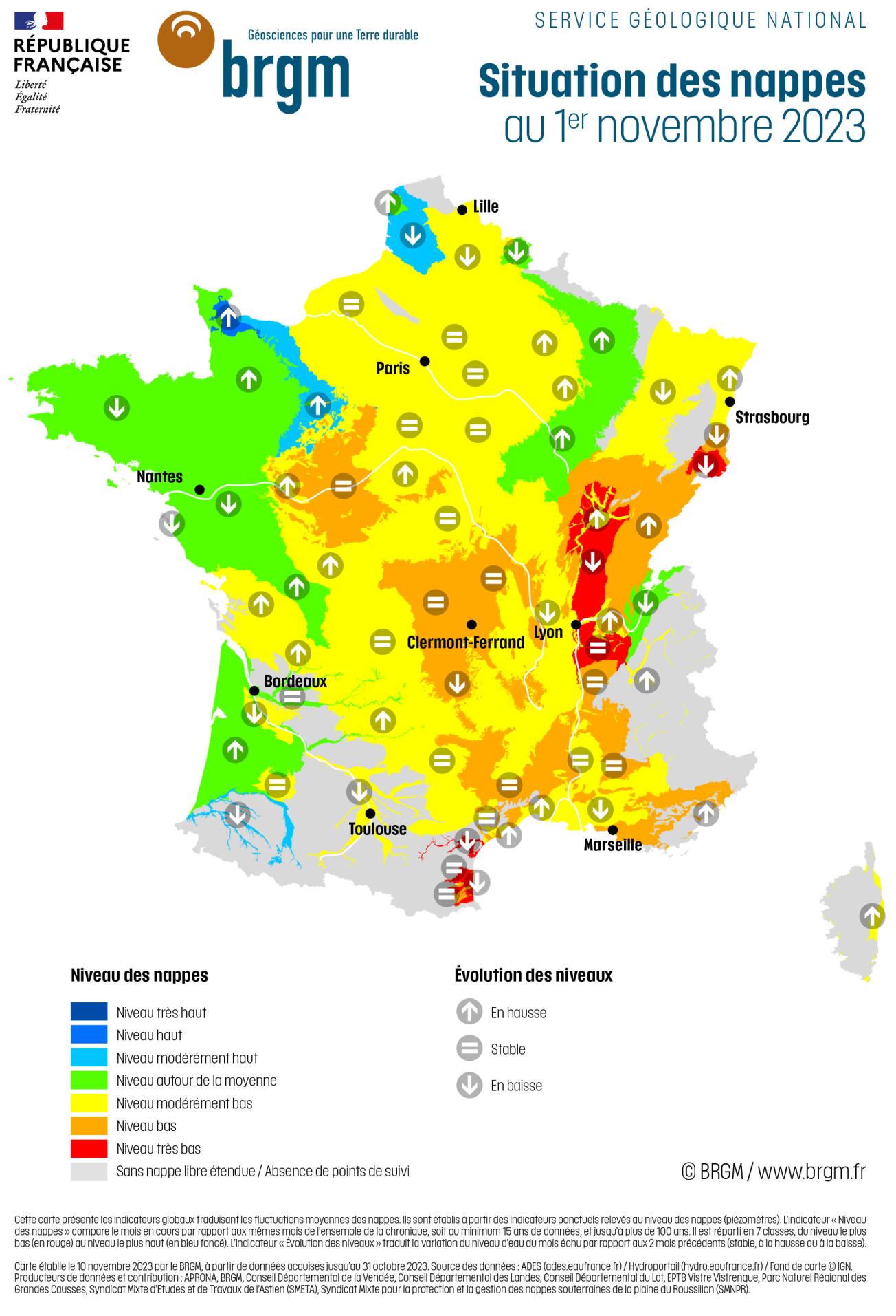 Carte de France hexagonale de la situation des nappes d'eau souterraine au 1er novembre 2023.