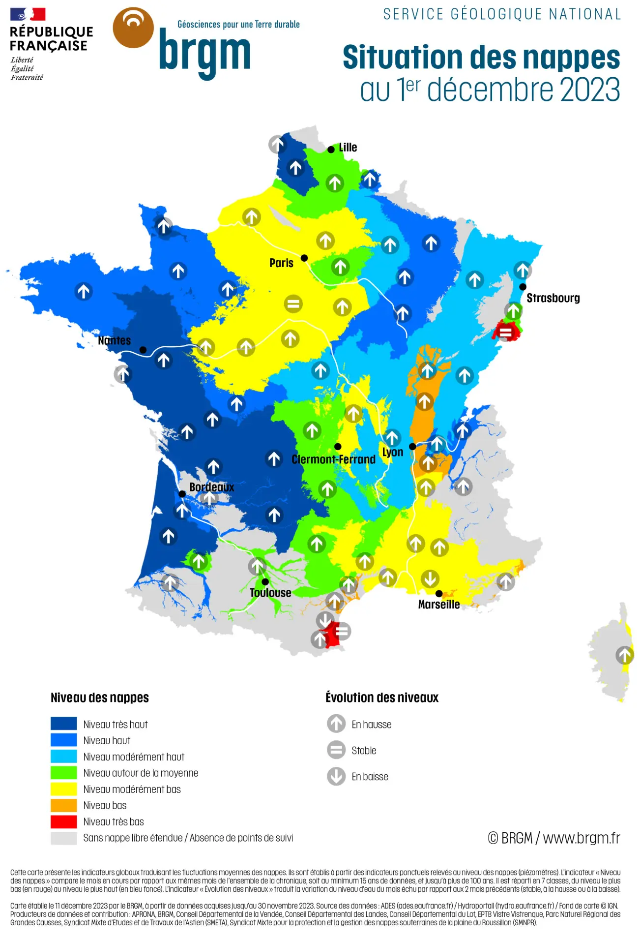 Carte de France hexagonale de la situation des nappes d'eau souterraine au 1er décembre 2023.