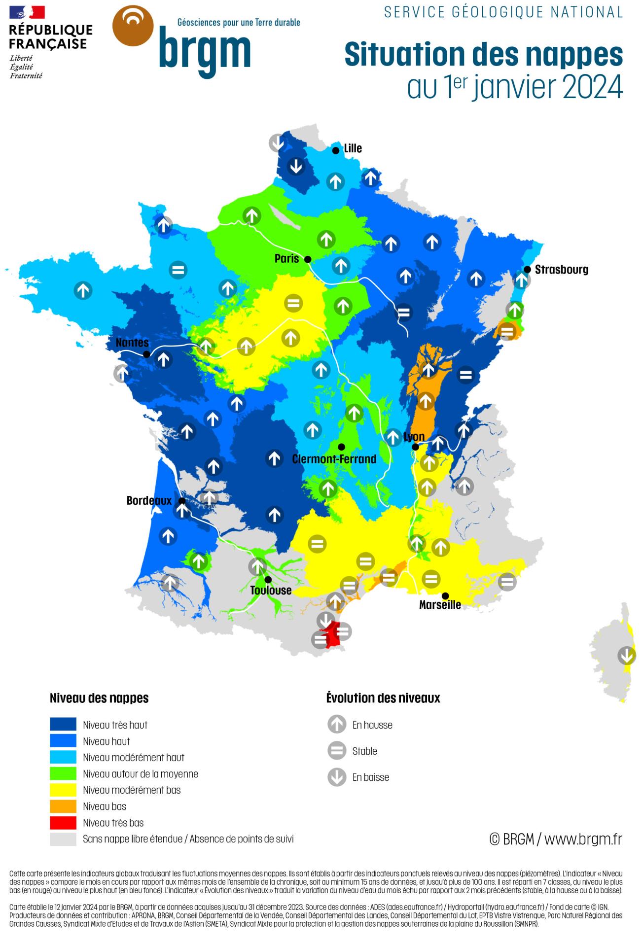 Map of aquifer levels in mainland France on 1 January 2024.