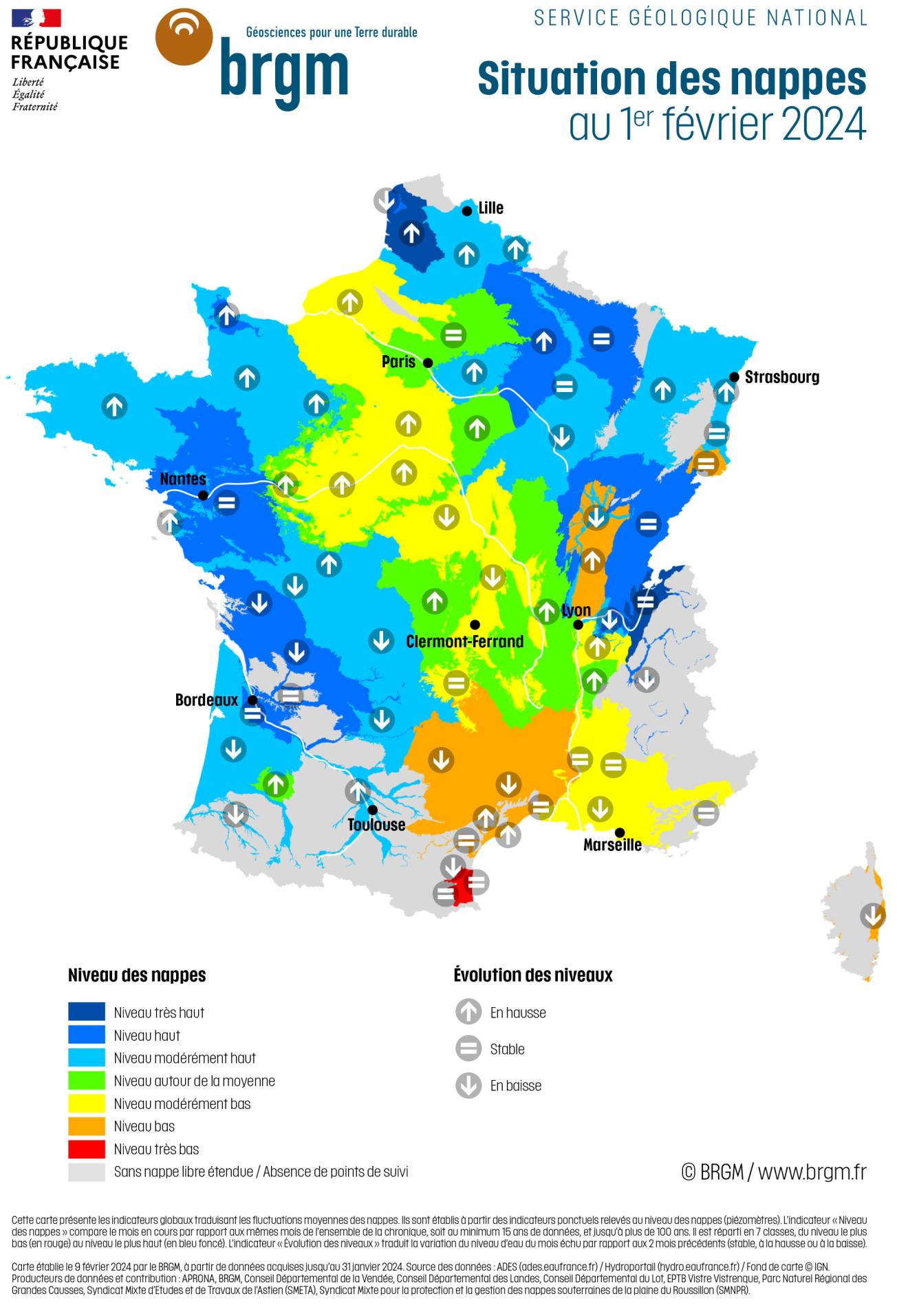 Carte de France hexagonale de la situation des nappes d'eau souterraine au 1er février 2024.