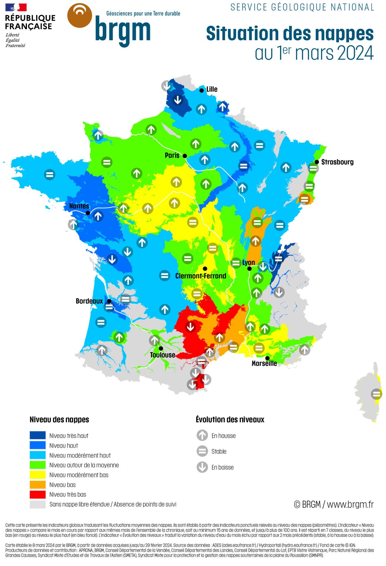 Map of aquifer levels in mainland France on 1 March 2024.