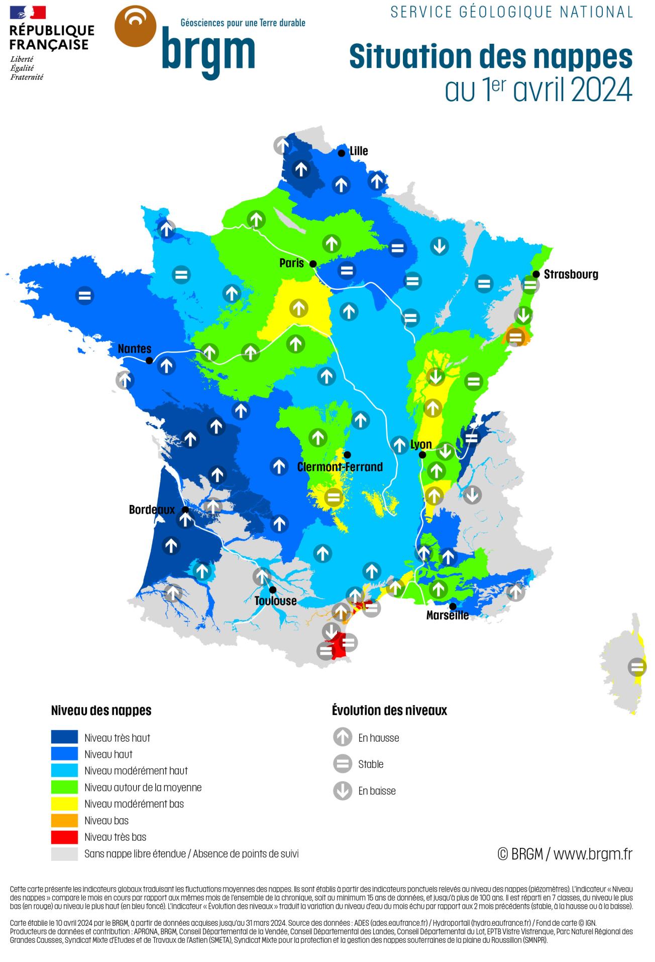 Map of aquifer levels in mainland France on 1 April 2024.