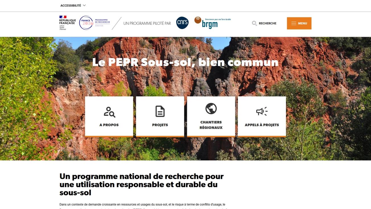 Page d'accueil du site web du PEPR Sous-sol.