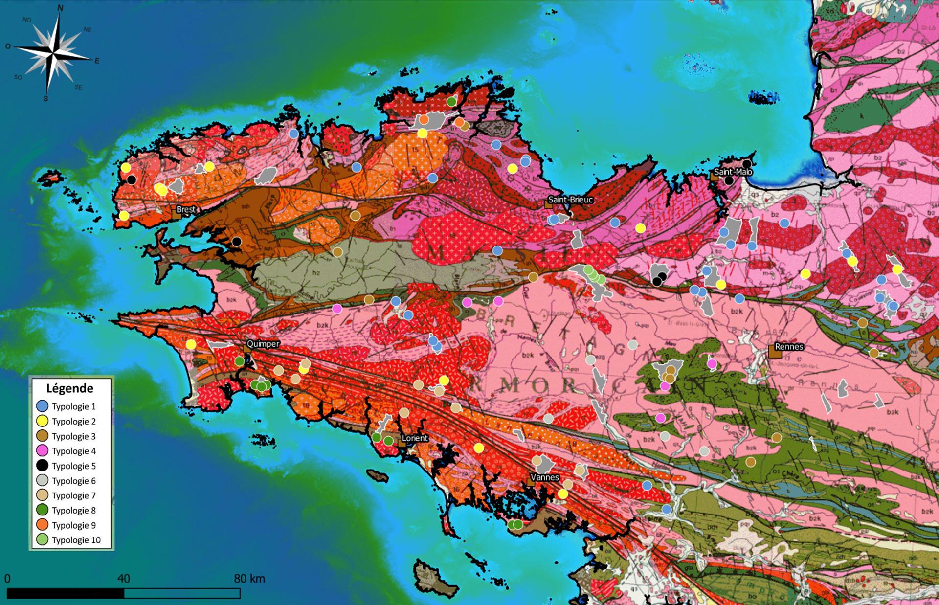 Répartition de 100 forages d’eau les plus productifs en Bretagne par typologie hydrogéologique