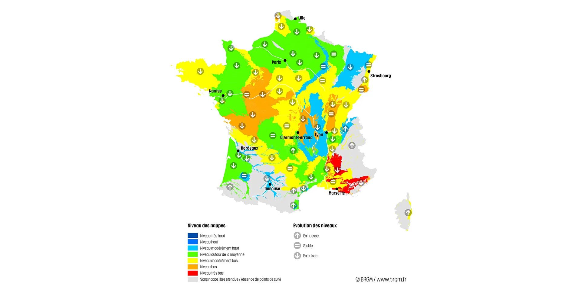Map of France showing the state of the aquifers on 1 May 2022.
