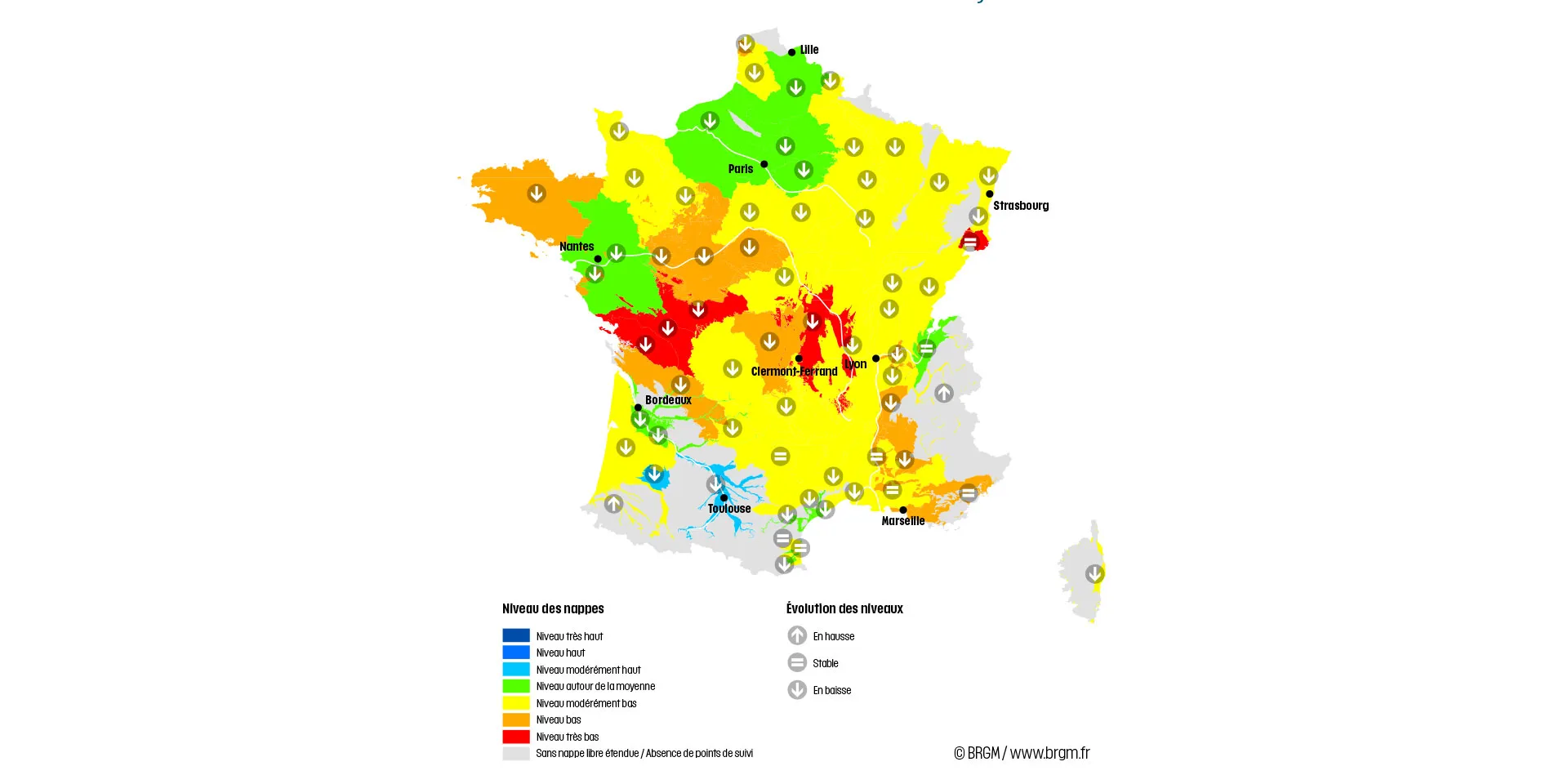 Carte de France de la situation des nappes au 1er juin 2022.